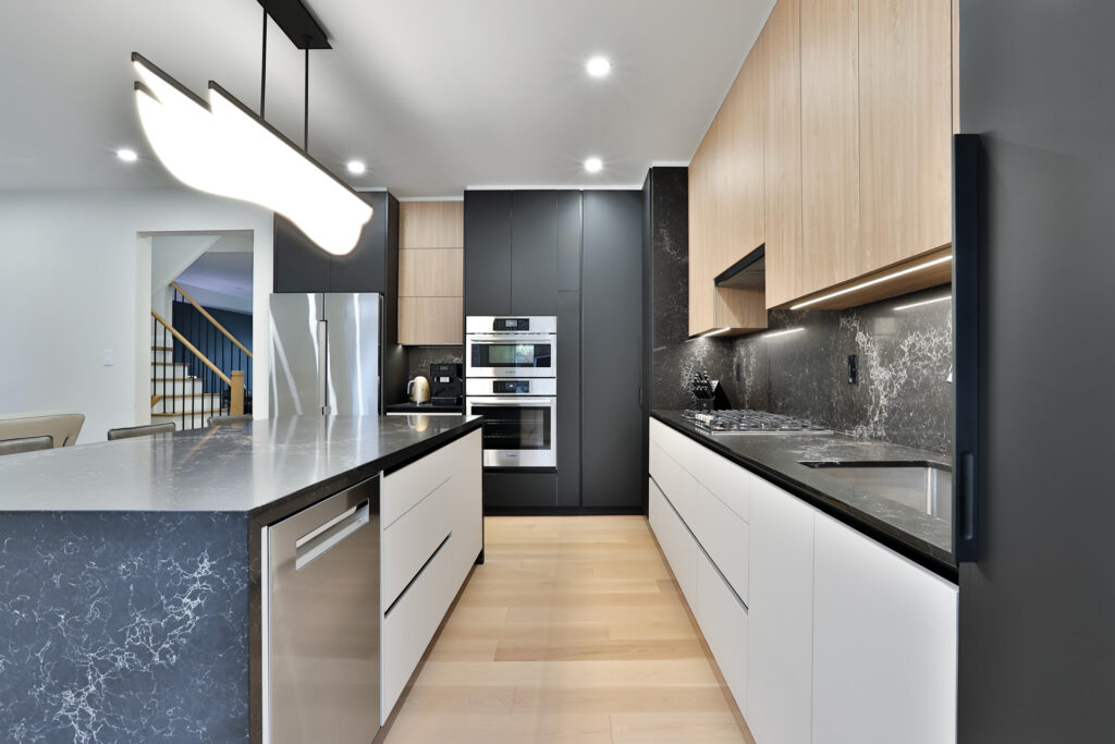 Dark brown wood kitchen cabinets design
